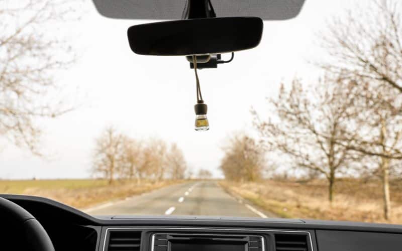 Photo prise dans une voiture, sur la route, on peut voir le paysage composé d'arbres sur le bord de la route. Une fiole sent-bon est accrochée au rétroviseur central.